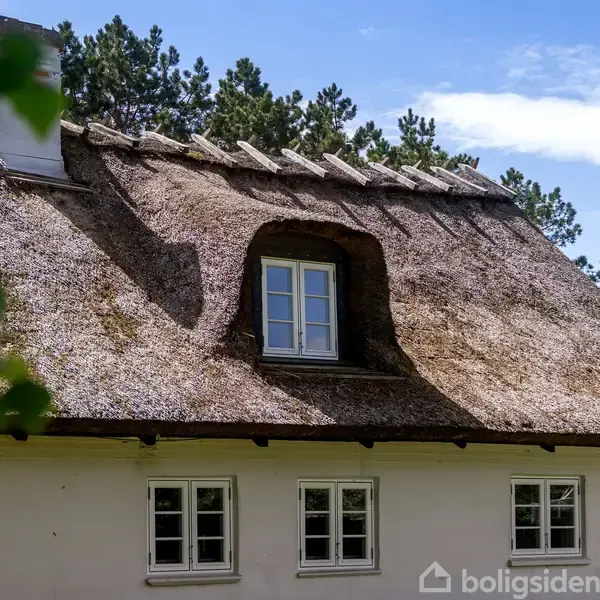 Stråtækt hus med kvistvindue, omgivet af træer. Taget har en karakteristisk form med skorstensudgang. Huset er i traditionel stil med hvide vægge og skov i baggrunden.