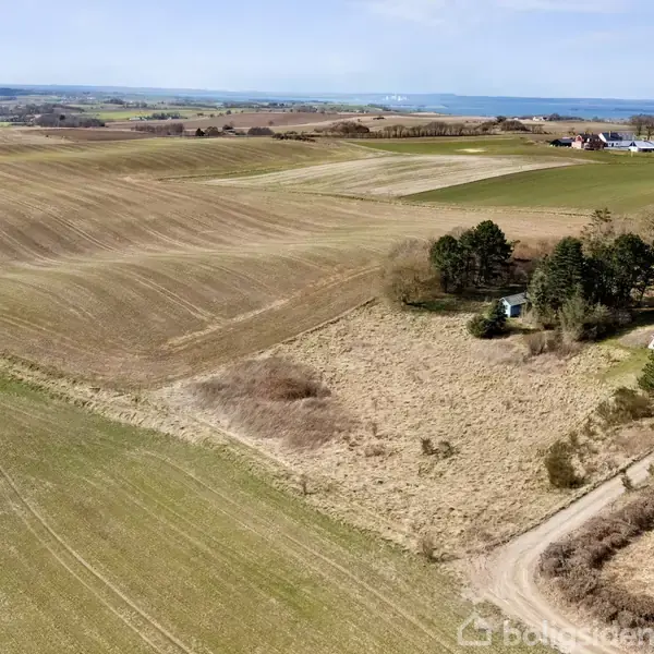 En mark set fra oven viser et landskab med åbne marker og en grusvej. Træer og nogle huse ses i baggrunden under en klar himmel.