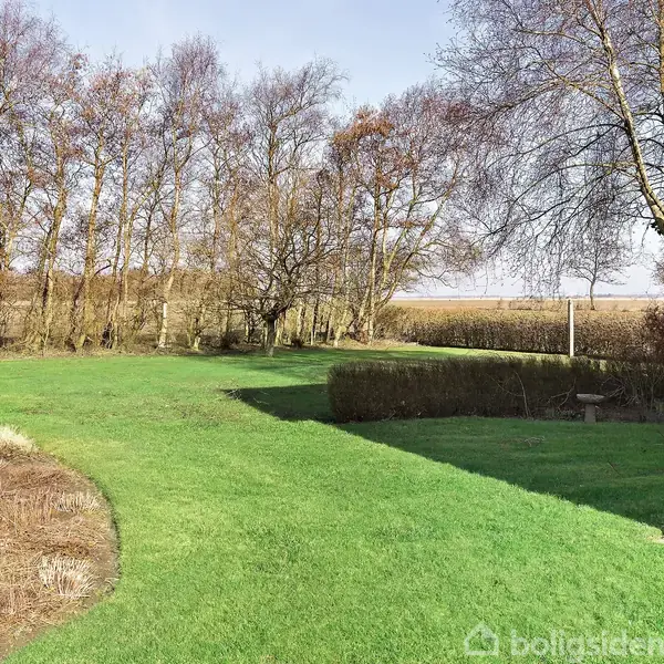 Græsplæne strækker sig over en have, flankeret af nøgne træer i vinterlandskab. Baggrunden viser en åben mark, mens solen skinner svagt.