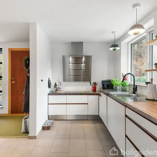 Køkken med hvide skabe, vask og moderne emhætte. Rummet har to vinduer, grønne planter og træhylder. En dør i baggrunden fører til en entré med en stor plante.