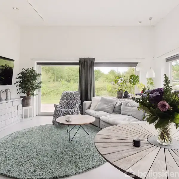 Sofa står i stue med udsigt gennem store vinduer. Rundt tæppe og sofabord ved siden af. Fjernsyn på væggen; blomsterbuketten dekorativt på træbord i forgrunden.