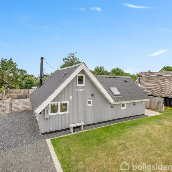 Et gråt, skråtstillet sommerhus står stille i en rolig have omkranset af andre huse. En grussti fører til huset. Skilte viser ordet "Hus08." Klar blå himmel ovenover.