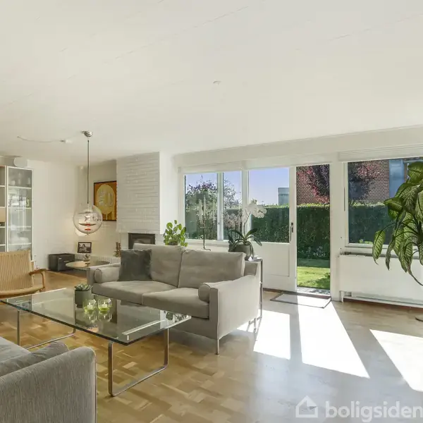 Stue med grå sofaer, glasbord og planter, der står i dagslys ved store vinduer. Reol med bøger i baggrunden. Lys træparketgulv og moderne indretning.