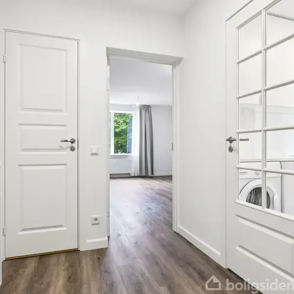 En lys gang med to døre. En dør har glassprosser, og gennem den ses en vaskemaskine. Et trægulv strækker sig mod en stue med et vindue og gardiner.
