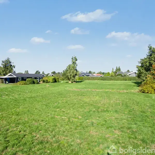 En stor, åben græsplæne omgivet af huse og træer under en klar blå himmel. En asfalteret vej løber langs højre side. Ingen tekst til stede bortset fra "boligsiden" vandmærke.