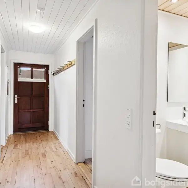 En entré med trægulv har en brun hoveddør for enden. En hvid vask med spejl står til højre. Væggene er hvide, og loftet har træpaneler.