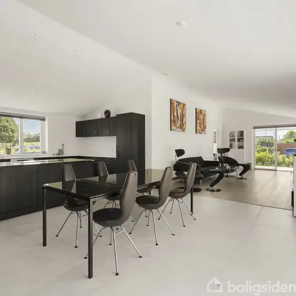 Moderne spisestue med sort bord og stole, tilstødende stue med lænestol og tv, lyse gulve, åbent køkken med mørke skabe, store vinduer, malerier på væggen, udsigt til grøn have.