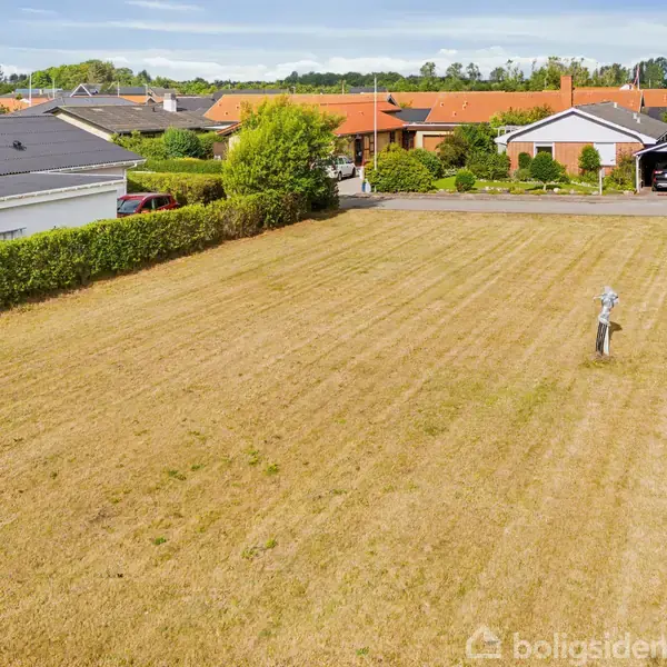 En stor, nyklippet græsplæne med en tørresnor står i centrum. Omkranset af hække og villaer med røde tage i et villakvarter.