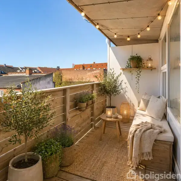 Balkon med planter i potter og en bænk med tæpper og puder. Små lyskæder hænger over. Ren, lys dag i en bymæssig kontekst.