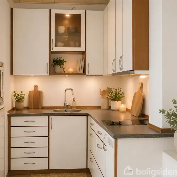 Køkken med hvide skabe og grå bordplader, arrangeret i en vinkel. Skærebrætter og planter dekorerer rummet, og ovn integreret i væggen. Blødt lys fra loftet belyser området.