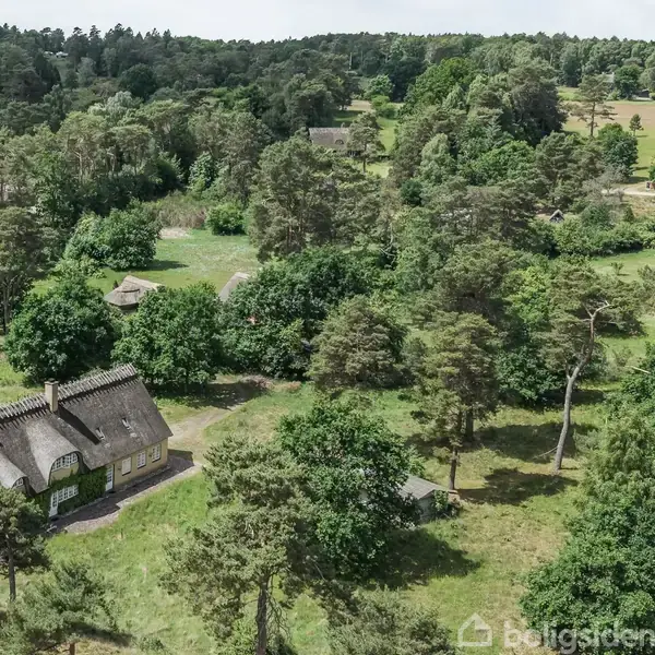 Et stråtækt hus ligger omgivet af frodig skov og grønne marker. Flere bygninger kan ses spredt i landskabet under en klar blå himmel.