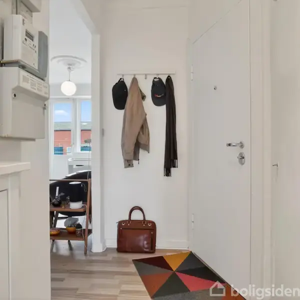 En entré viser en knagerække med tøj og tasker. Dørtelefon hænger på væggen. Foran døren ligger et farverigt gulvtæppe. I baggrunden ses et rum med møbler.