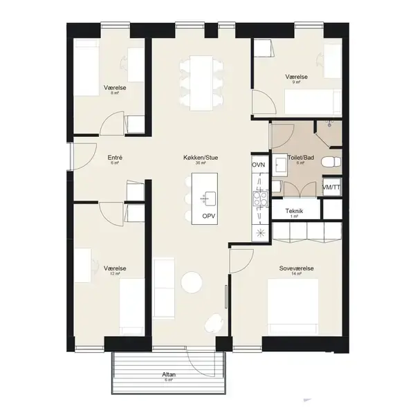 Plantegning af en lejlighed viser fire værelser: tre værelser (8, 9, 12 m²), et soveværelse (14 m²), entre (6 m²), køkken/stue (39 m²), toilet/bad (5 m²), og teknikt rum.