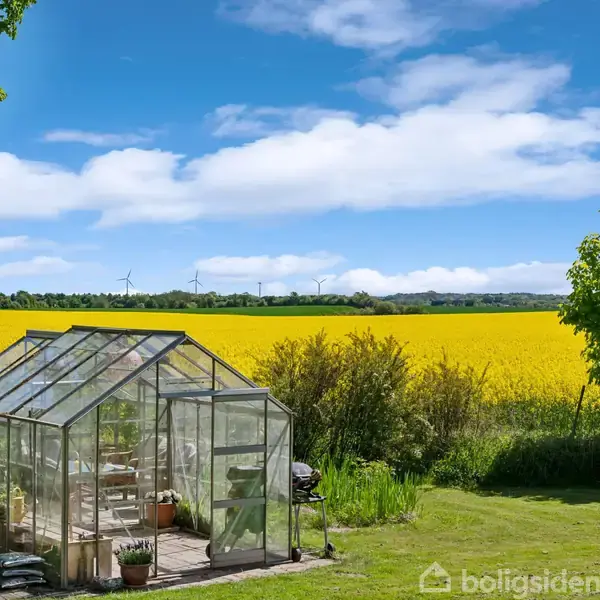 Et drivhus står på en velplejet græsplæne; indeni er der potteplanter og havemøbler. I baggrunden ses en mark med gule blomster og vindmøller mod en blå himmel.