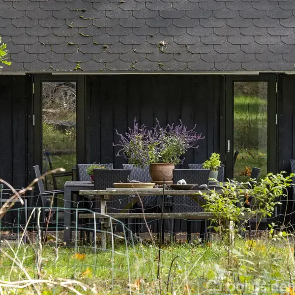 En terrasse med et bord og flere stole står foran et mørkt træhus. En potteplante er placeret på bordet. Haven omkring er grøn med diverse buske og træer.
