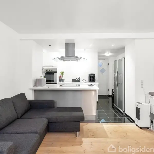 Grå sofa står i en stue med køkken i baggrunden, udstyret med emhætte, kaffemaskine, og køleskab. Et fjernsyn står på en hvid reol med hylder ved siden af.