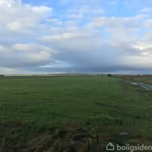 Grønt græsareal strækker sig ud i horisonten under en delvis overskyet himmel med blå pletter. I baggrunden ses fjerne vindmøller. En mudret sti løber langs højre side af billedet.