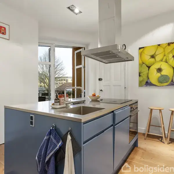 Køkkenø med integreret kogeplade og håndvask under emhætte. Rummets vægge har farverige billeder, og der står to træstole. Døren i baggrunden åbner til udsigt med træer.