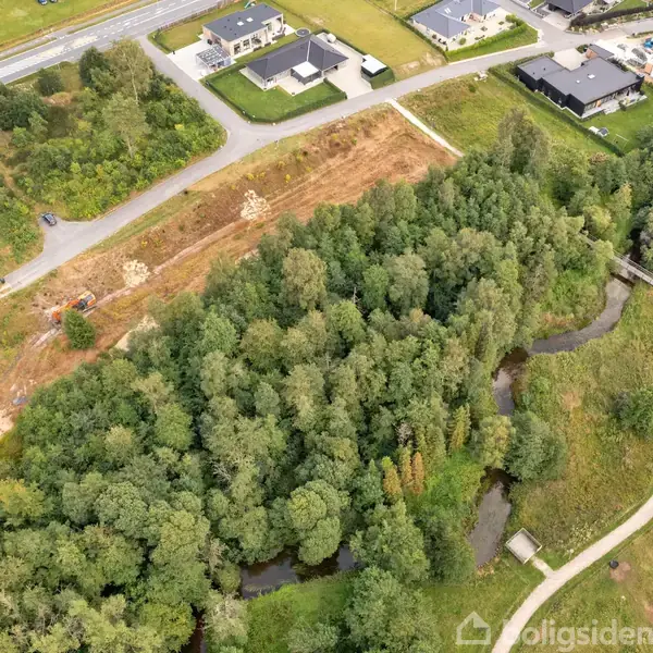 Skovområde grænser op til boligområde. Området ses fra oven, med stier og en lille bro. Boliger ligger langs veje; marker omkranser skovområdet, og en mindre vej skærer gennem landskabet.