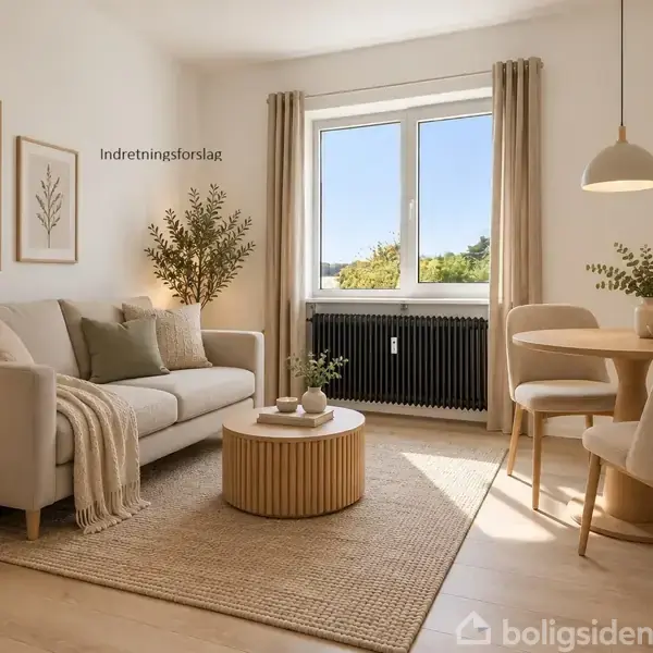 Sofa med puder og tæppe står i lys stue med bløde farver. Borde og stole har trædetaljer. Tekst: "Indretningsforslag". Store vinduer slipper lys ind, planter tilføjer hygge.