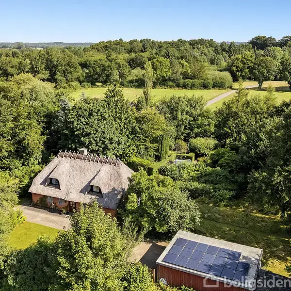 Stråtækt hus omgivet af tæt, grøn vegetation, beliggende i et naturskønt område med skov og marker. Foran er der en bygning med solpaneler på taget.