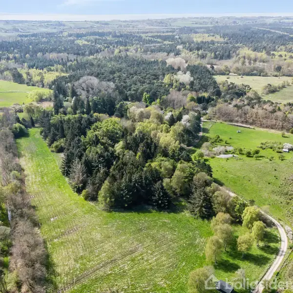 Et landskab med grønne områder og tætte skovarealer, der strækker sig over bakket terræn. En lille vej løber gennem landskabet, og i baggrunden ses kystlinjen og havet.