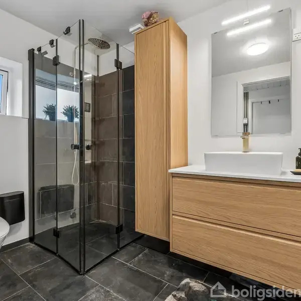 Et moderne badeværelse med bruser i glasindhegning, toilet, håndvask på træskab. Fliser på gulvet og hvidmalede vægge. Et lille vindue med planter. Intet tekst fundet i billedet.