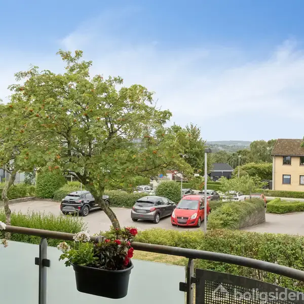 Balkon med blomsterkrukker hængende på rækværket. Baggrunden viser parkeringsplads med parkerede biler, træer og et gult boligkompleks i en grøn, beboelig omgivelser.