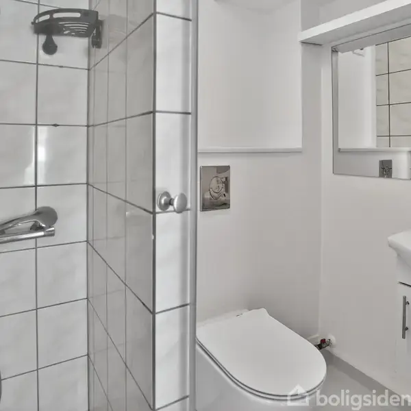 Brusekabine med håndbruser i et lyst badeværelse, ved siden af et toilet. Et spejl hænger over en vask med skab, omgivet af hvide fliser og vægge.