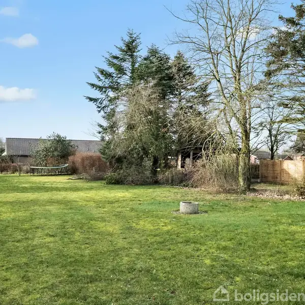 En stor græsplæne strækker sig ud i det fri, omkranset af høje træer og buske. I baggrunden ses et hus og en blå himmel med spredte skyer.
