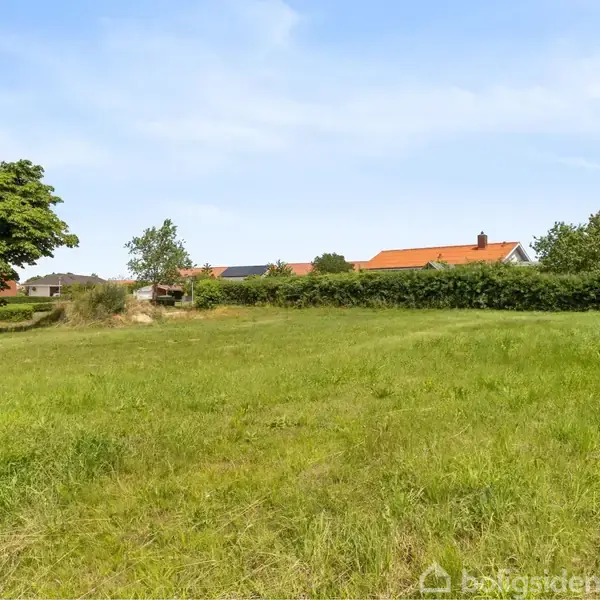 En grøn græsmark strækker sig i forgrunden, omgivet af hække og træer. I baggrunden ses huse med røde tage under en blå himmel.