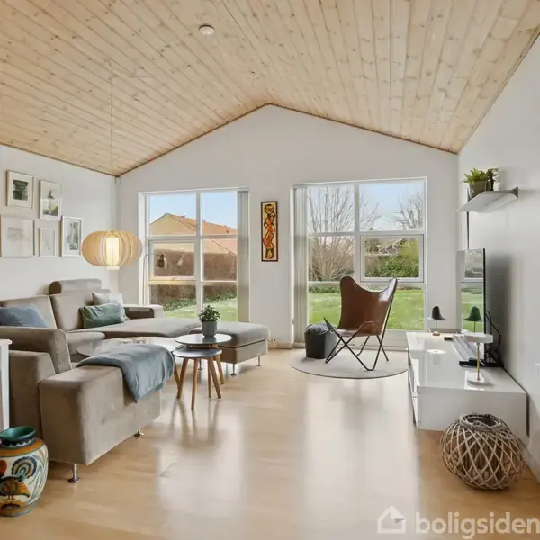 Stue med grå sofa og lænestol, store vinduer slipper lys ind, træloft og parketgulv. Væggen har kunstværker. Et tv er placeret på en hvid reol, omgivet af grønne planter.