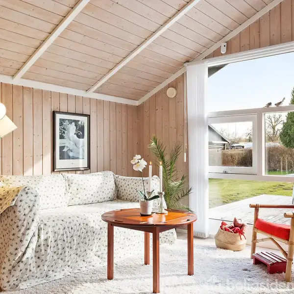 Sofa dækket med blomsteret stof står i en lys stue. Et rundt træbord foran sofaen har en plante. Rødt tæppe og lænestol i hjørnet. Store vinduer viser have.