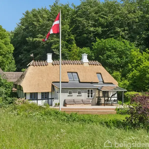 Et stråtækt hus står i en frodig, grøn have med en flagstang, der bærer det danske flag. Omgivet af tætte træer, giver haven en rolig atmosfære.
