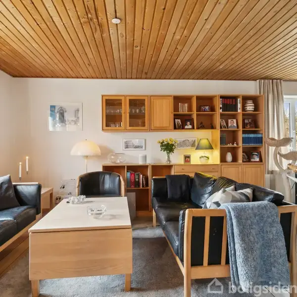 Sorte lædersofaer står ved et sofabord under en træbeklædt loft i en stue. Hylder med bøger og dekorationer danner baggrunden. Et stort vindue lader lys komme ind.