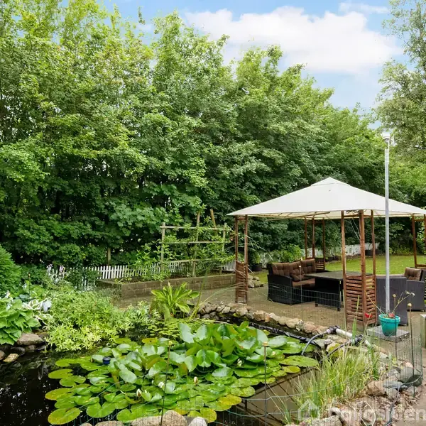 En havepavillon står i en frodig have ved siden af en dam med åkander. Haven er omgivet af tætte, grønne træer og buske, der skaber en afslappende atmosfære.