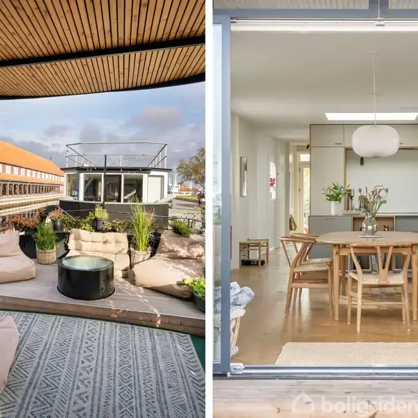 Udendørs siddeområde med bløde stole og bord, omgivet af planter, ved siden af en indendørs spisestue med træmøbler og minimalistisk indretning, set fra en åben døråbning.