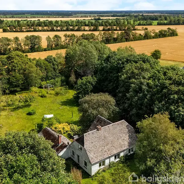 Et gammelt landhus ligger omgivet af tæt skov- og haveområde, med åbne marker i baggrunden. Himlen er klar, og landskabet strækker sig ud i det fjerne.