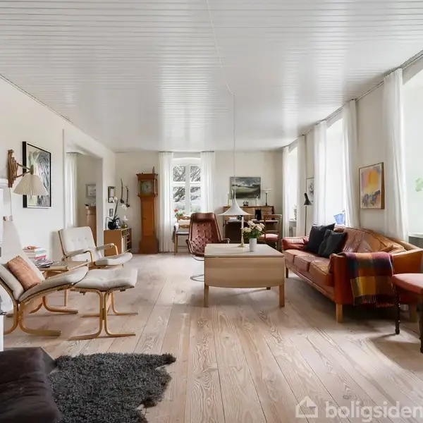 Pejs opvarmer en lys stue med træmøbler og sofaer, omgivet af lyse vægge og store vinduer, der indrammes af gardiner. Billeder hænger på væggene, og en grøn plante står på en stol.