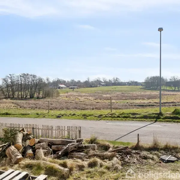 Træstammer ligger stablet ved en landevej i et åbent landskab. I baggrunden ses græsklædte marker og spredte træer under en blå himmel. En lygtepæl står ved vejsiden.