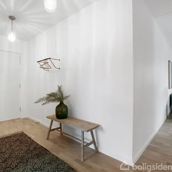 En lys gang med en dør og en lampe i loftet. En bænk med en grøn vase står langs væggen, tæppe på gulvet. Til højre ses en åben stue.
