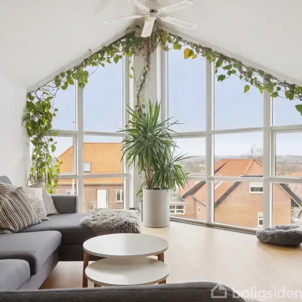 Grå sofa står i en lys opholdsstue med stort glasparti. Planter hænger rundt om vinduet, og et rundt sofabord med tæppeunderlag er i centrum. Møblerne står på lyst trægulv.