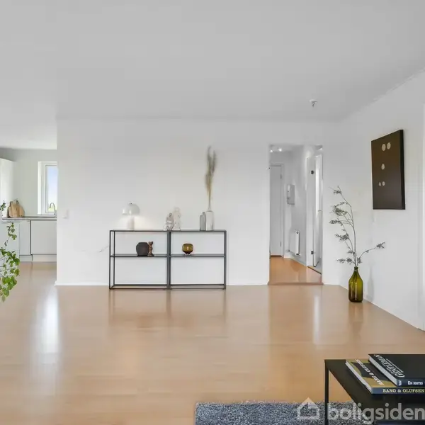 Et lyst rum med trægulv, hvor en sort reol står op ad væggen. Planter og pynt er placeret omkring, mens en sofa og et sofabord ses i forgrunden.