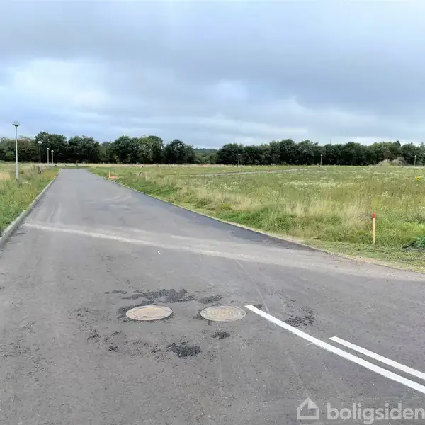 En asfalteret vej fører gennem et åbent, grønt område med vilde marker og træer i horisonten under en overskyet himmel. To kloakdæksler er synlige på vejen.