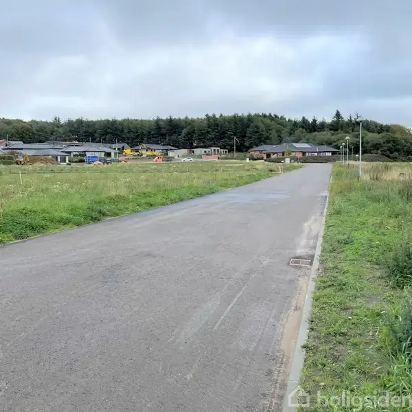 En grå asfaltvej strækker sig gennem græsklædte marker, og bagved ses en række bygninger ved skovbryn. Himlen er overskyet, og der er ingen mennesker til stede.