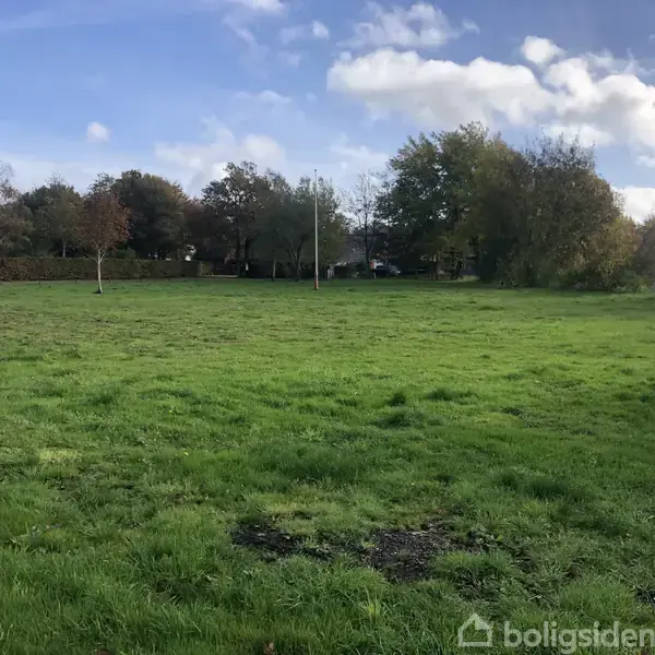 Grøn græsplæne strækker sig bredt med få spredte træer, omgivet af tættere skov og buske i baggrunden under en delvis overskyet himmel. Ingen tekst til stede.