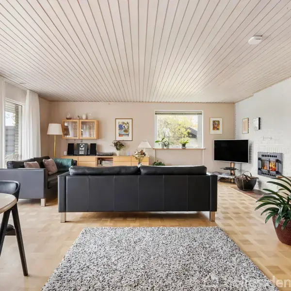 Stue med sort sofa ved tæppe, tilstødende spisebord med stole; store vinduer og billederammes dekorerer væggene. Gulv-til-loft-reol med bøger, vægmonteret fladskærm, og planter skaber hygge.