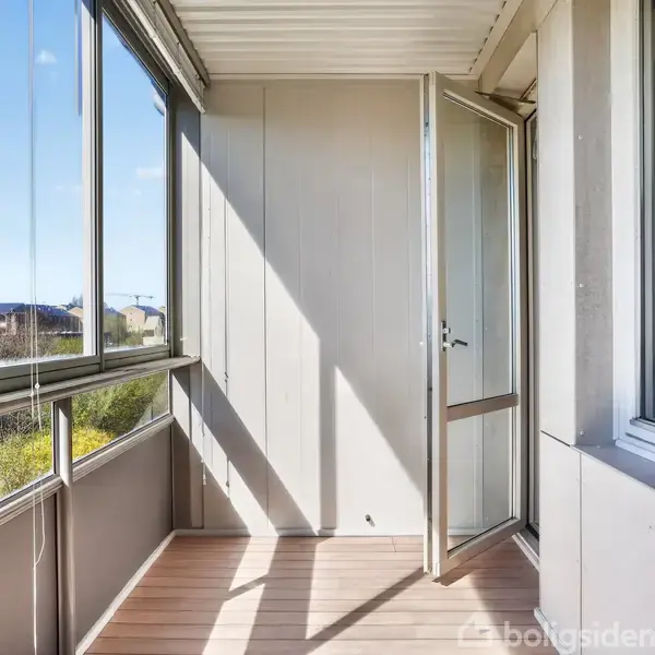 En lille balkon med glasvinduer, en hyggelig bænk med puder mod væggen, giver mulighed for afslapning i et lukket, men lysfyldt rum. Udsigt over grønne omgivelser.