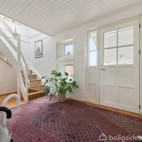 Entré med rød tæppe og en grøn plante ved siden af en hvid trappe, der fører opad. Døren er glasindfattet, omgivet af lyse vægge og loft i et rummeligt hjemmemiljø.