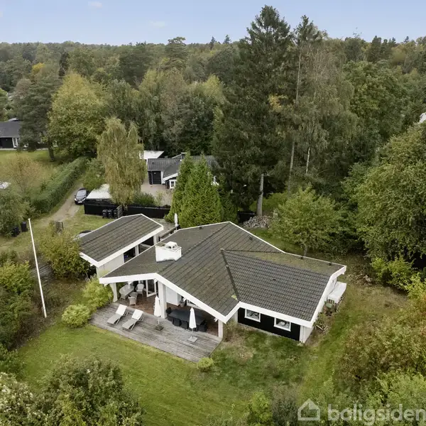 Et sommerhus står omgivet af tæt skovområde. Det har en terrasse med liggestole, og græsplænen omkring det skaber en naturlig, fredfyldt atmosfære.